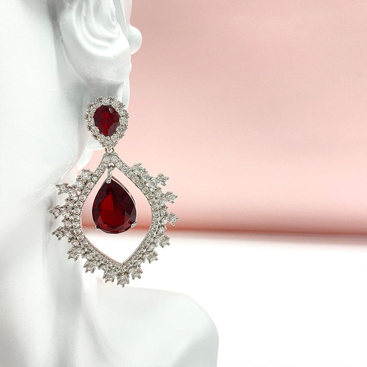 Ruby Red Hollowed Out Design Pear Shaped Cut Earrings