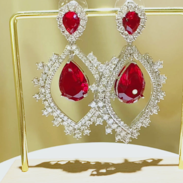 Ruby Red Hollowed Out Design Pear Shaped Cut Earrings
