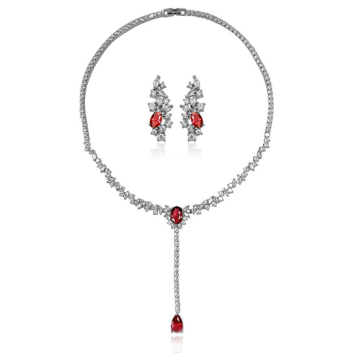 Red Gem Pear Shaped Cut Earring Necklace Two Piece Set