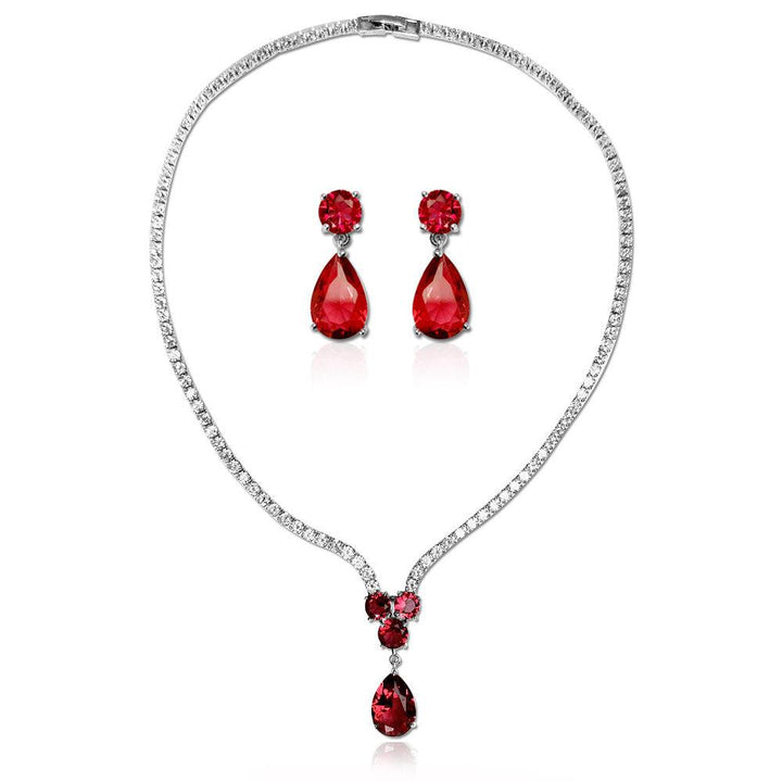 Ruby Red Pear Shaped Cut Necklace Earrings Two Piece Set