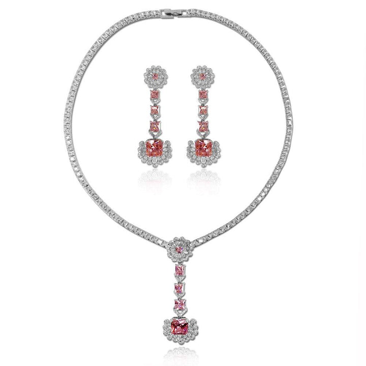 Pink Princess Shaped Cut Necklace Earrings Two Piece Set