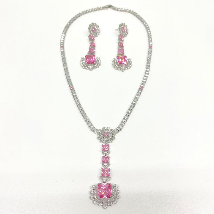 Pink Princess Shaped Cut Necklace Earrings Two Piece Set