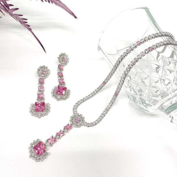 Pink Princess Shaped Cut Necklace Earrings Two Piece Set