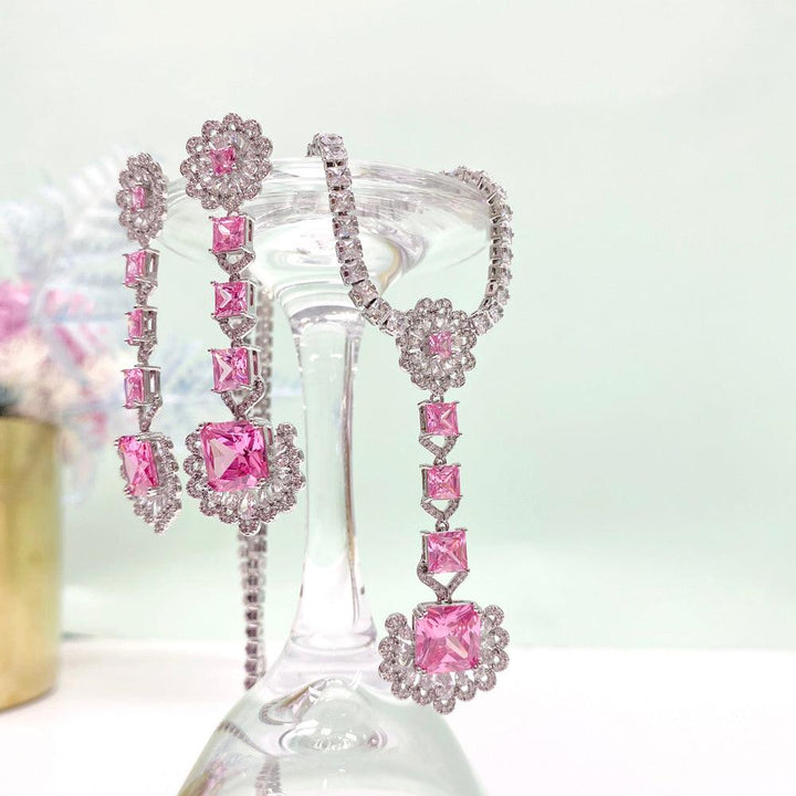 Pink Princess Shaped Cut Necklace Earrings Two Piece Set