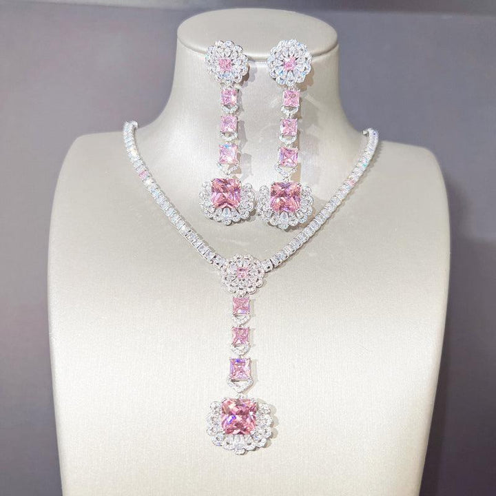 Pink Princess Shaped Cut Necklace Earrings Two Piece Set