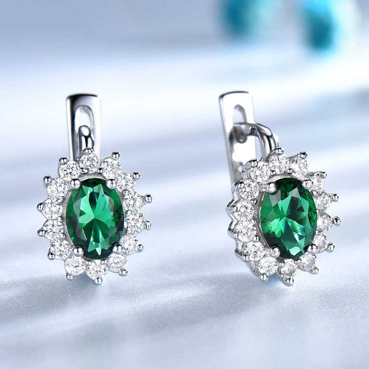 Oval Shaped Cut Emerald Green Sterling Silver Earrings