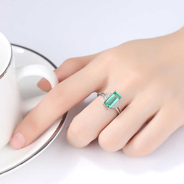 Emerald Shaped Cut Green Sterling Silver Ring