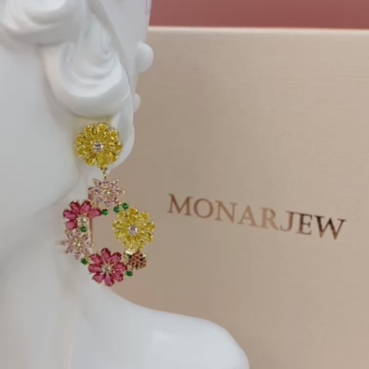 Colorful Flower Design Pear Shaped Cut Earrings