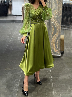 Ladies Elegant Fashion V Neck Lantern Sleeve Tulle Solid Color Dress