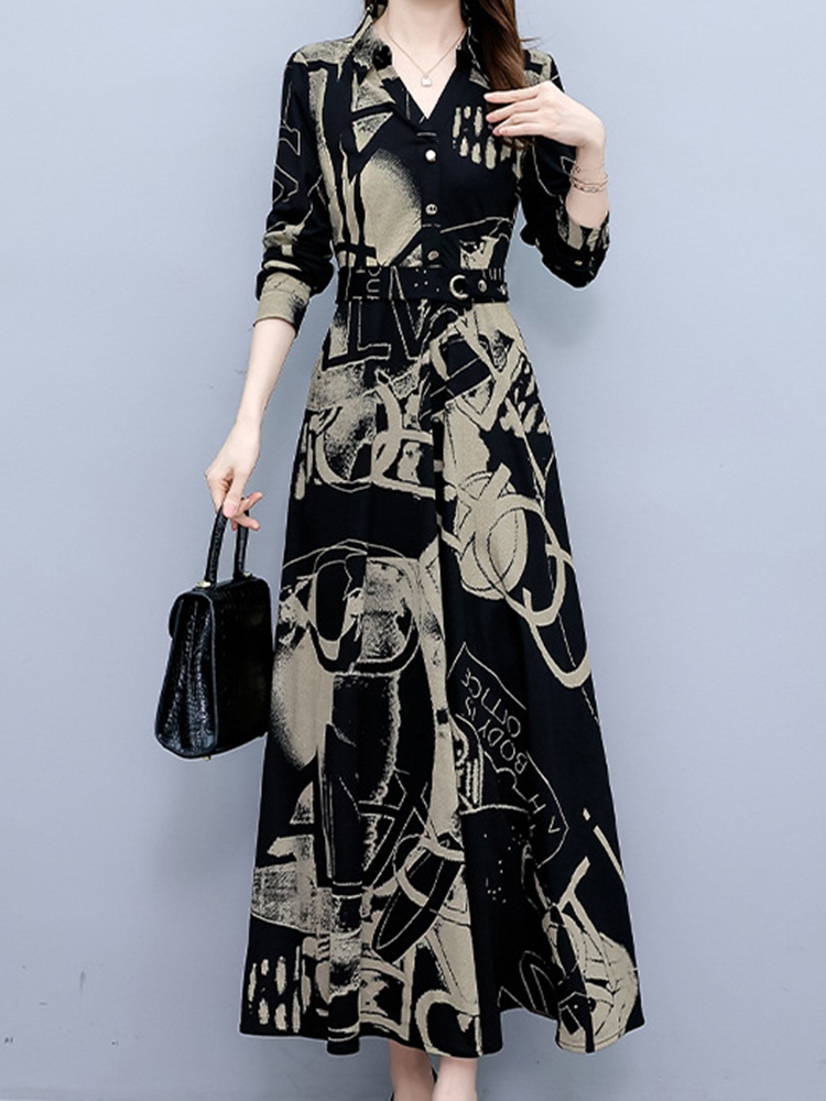 Korean Style Elegant Long Sleeve Print Dress