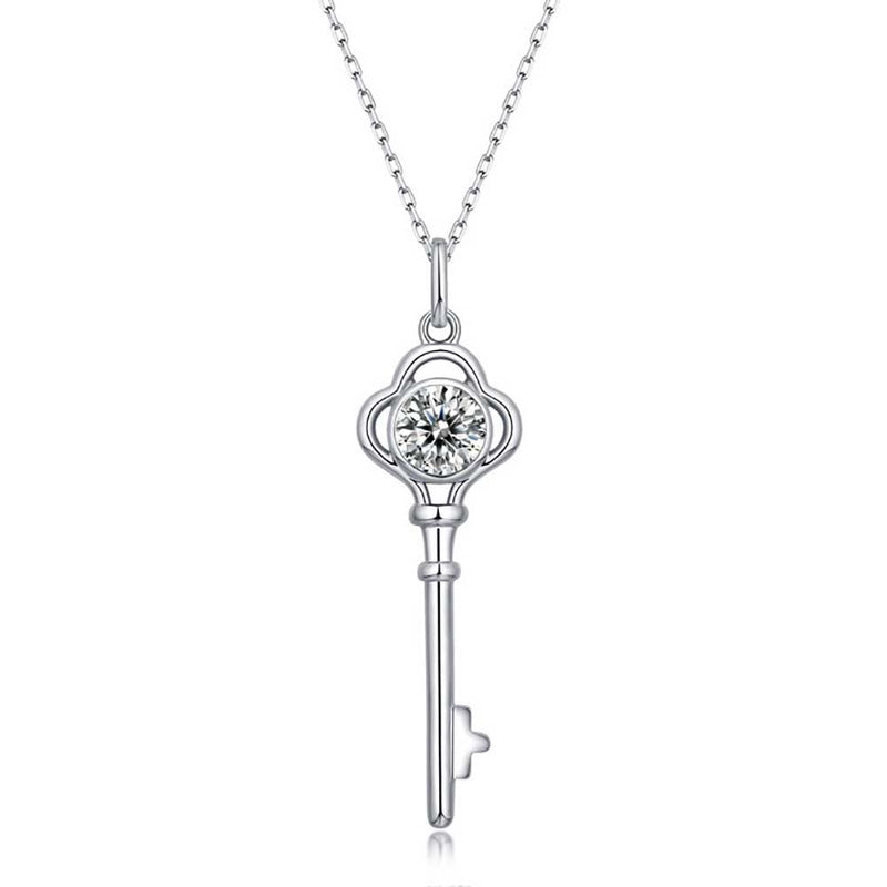 Round Shaped Cut Moissanite Key Design Sterling Silver Necklace