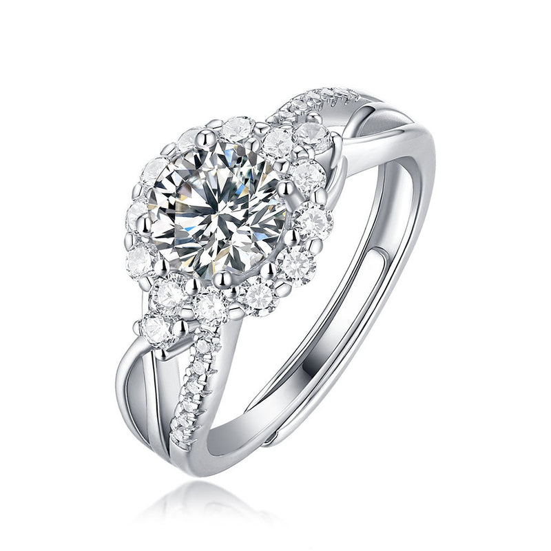 Round Shaped Cut Moissanite Sunflower Sterling Silver Open Ring