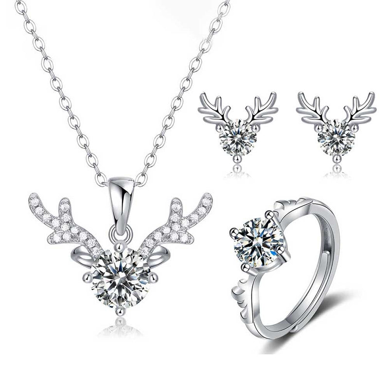 Round Moissanite Deer Horn Three Piece Sterling Silver Set