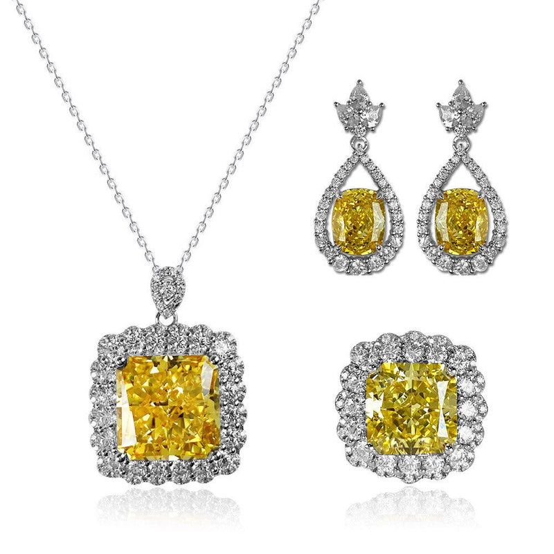 Cushion Shaped Cut Gem Necklace Earring Ring Three Piece Set