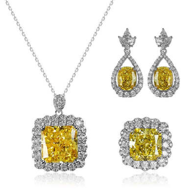 Cushion Shaped Cut Gem Necklace Earring Ring Three Piece Set