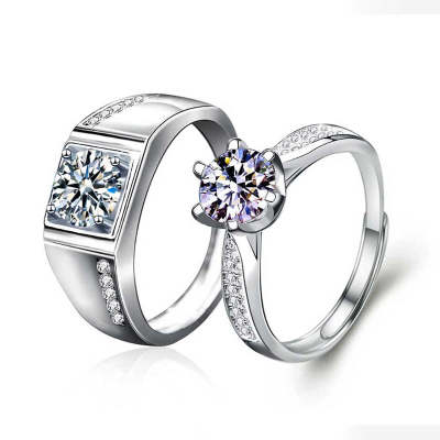 Round Shaped Cutting Moissanite Couple Set Sterling Silver Open Ring