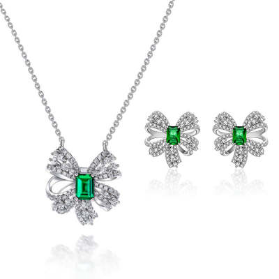 Emerald Shaped Cut Green Sterling Silver Two Piece Set