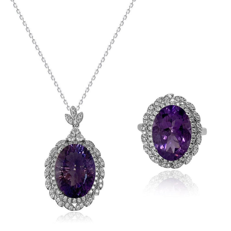 Oval Shaped Cut Purple Necklace Ring Two Piece Set
