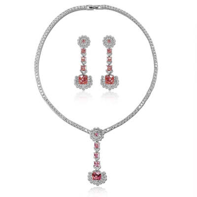 Pink Princess Shaped Cut Necklace Earrings Two Piece Set