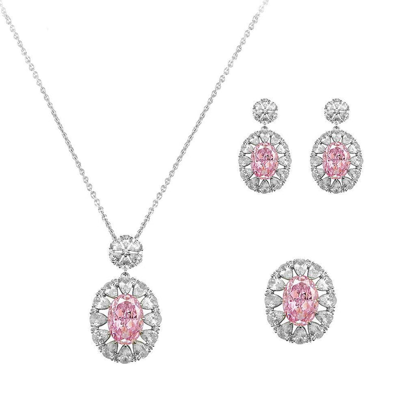 Pink Sunflower Snowflake Cut Necklace Earring Ring Three Piece Set