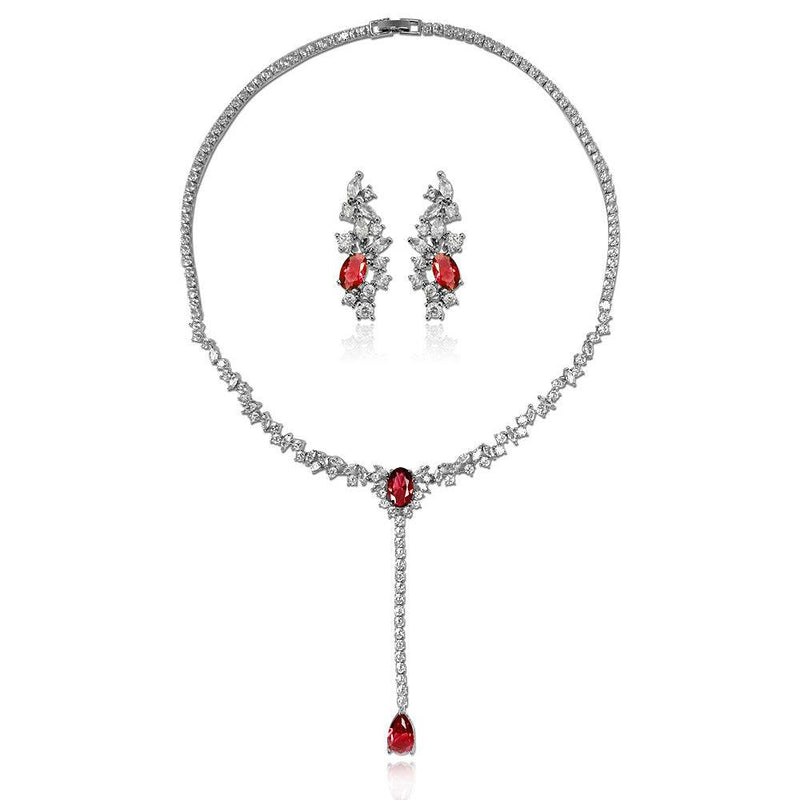 Red Gem Pear Shaped Cut Earring Necklace Two Piece Set