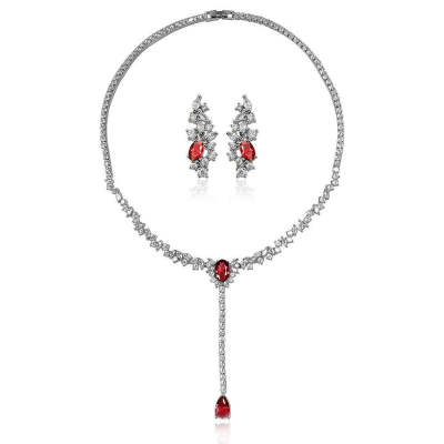Red Gem Pear Shaped Cut Earring Necklace Two Piece Set