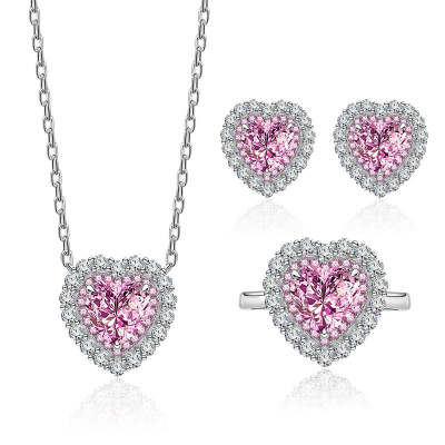 Heart Shaped Cut Pink Sterling Silver Three Piece Set