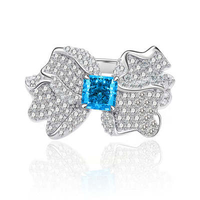 Cushion Shaped Cut Blue Bowknot Sterling Silver Ring