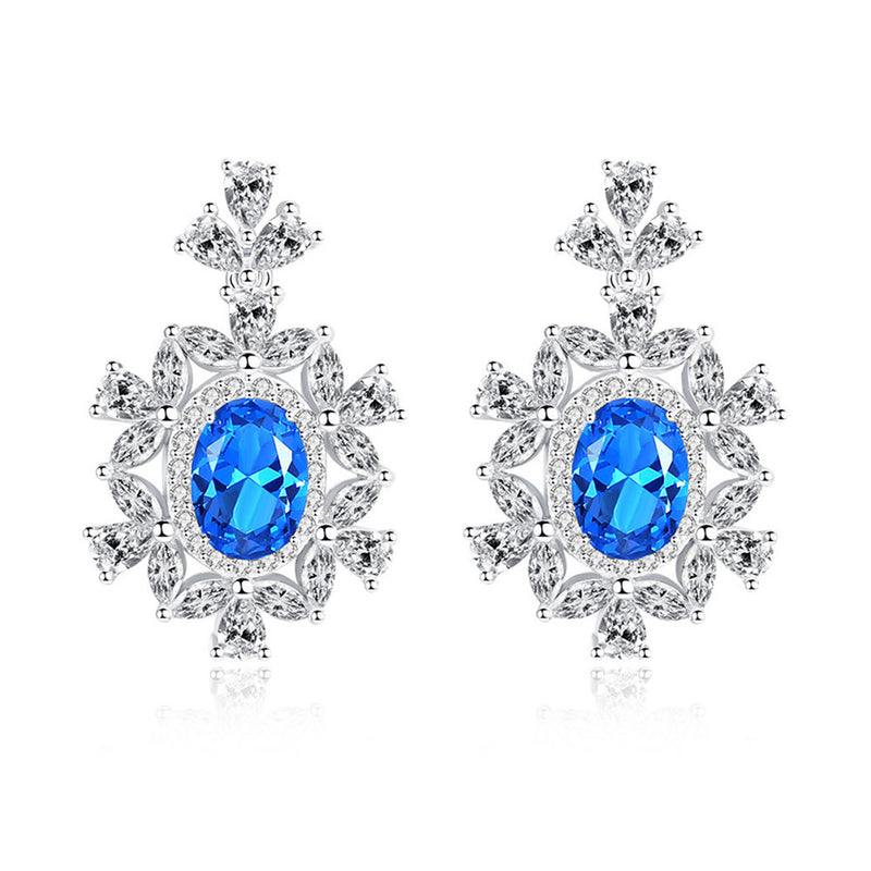 Oval Shaped Cut Blue Snowflake Sterling Silver Earrings