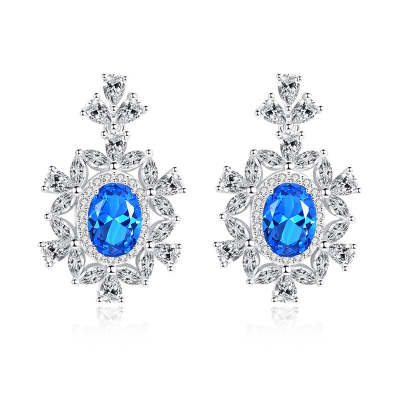 Oval Shaped Cut Blue Snowflake Sterling Silver Earrings