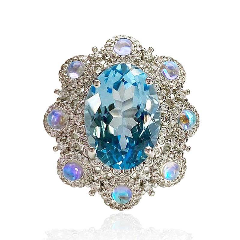 Flower Design Blue Oval Shaped Cut Open Ring