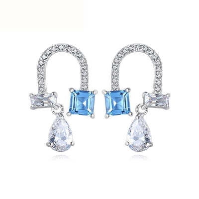 Princess Shaped Cut Blue Sterling Silver Earrings