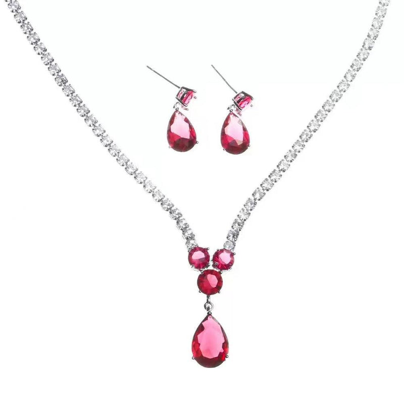 Ruby Red Pear Shaped Cut Necklace Earrings Two Piece Set