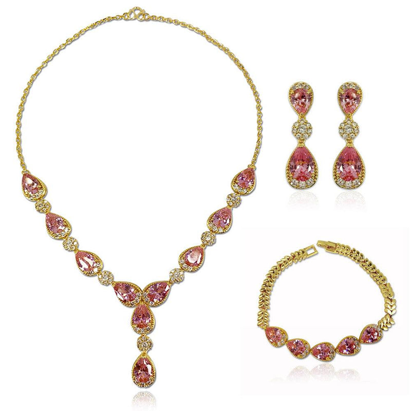Pink Pear Shaped Cut Necklace Earrings Bracelet Three Piece Set