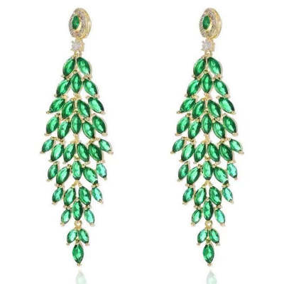 Emerald Green Leaves Tassel Design Earrings
