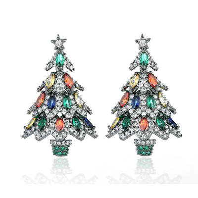 Marquise Shaped Cut Christmas Tree Sterling Silver Earrings