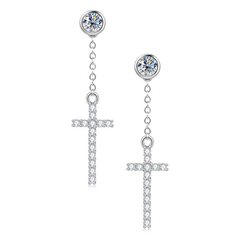 Round Shaped Cut Moissanite Cross Design Sterling Silver Earrings