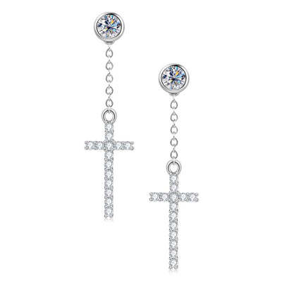 Round Shaped Cut Moissanite Cross Design Sterling Silver Earrings