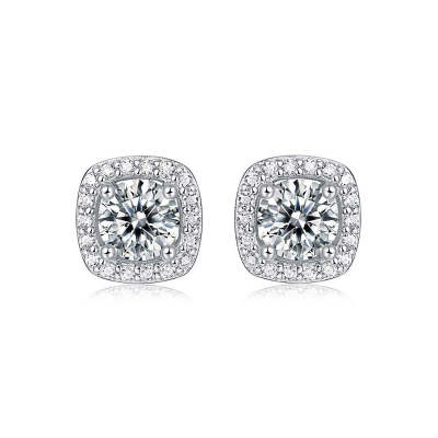 Round Shaped Cut Moissanite Square Sterling Silver Earrings