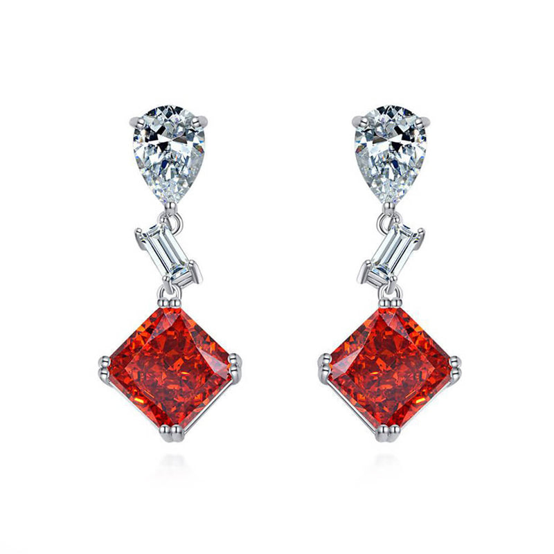 Solitaire Princess-Cut Red Sterling Silver Drop Earrings