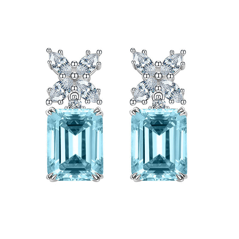 Blue Emerald Shaped Cut Sterling Silver Earrings