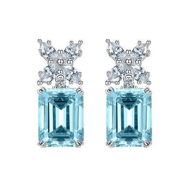 Blue Emerald Shaped Cut Sterling Silver Earrings