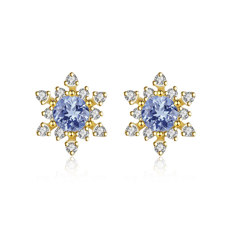 Round Shaped Cut Blue Snowflake Sterling Silver Earrings