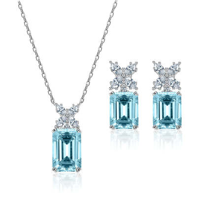 Emerald Shaped Cut Light Blue Sterling Silver Two Piece Set
