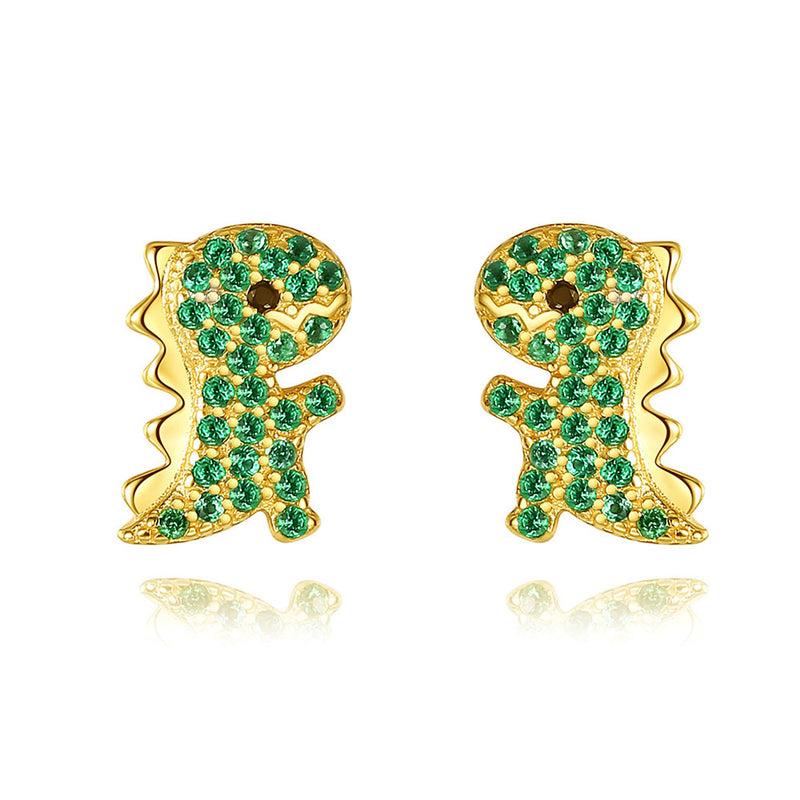 Round Shaped Cut Green Dinosaur Sterling Silver Earrings