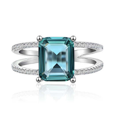 Emerald Shaped Cut Double Halo Sterling Silver Ring