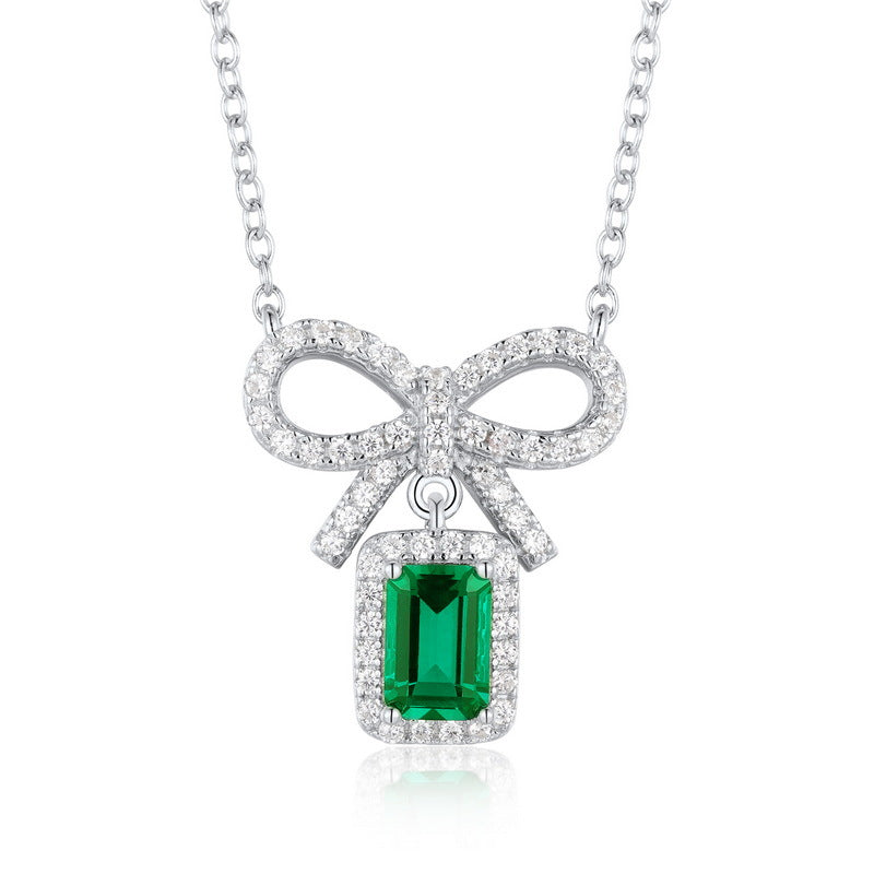 Emerald Shaped Cut Bowknot Green Sterling Silver Necklace