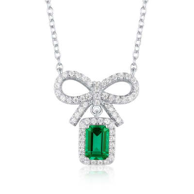Emerald Shaped Cut Bowknot Green Sterling Silver Necklace