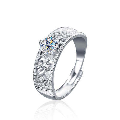 Round Shaped Cut Moissanite Hollow Out Sterling Silver Open Ring