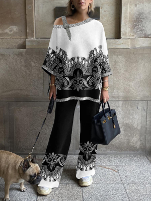 Women's Fashion Black And White Printed Shoulder Buckle Design Set